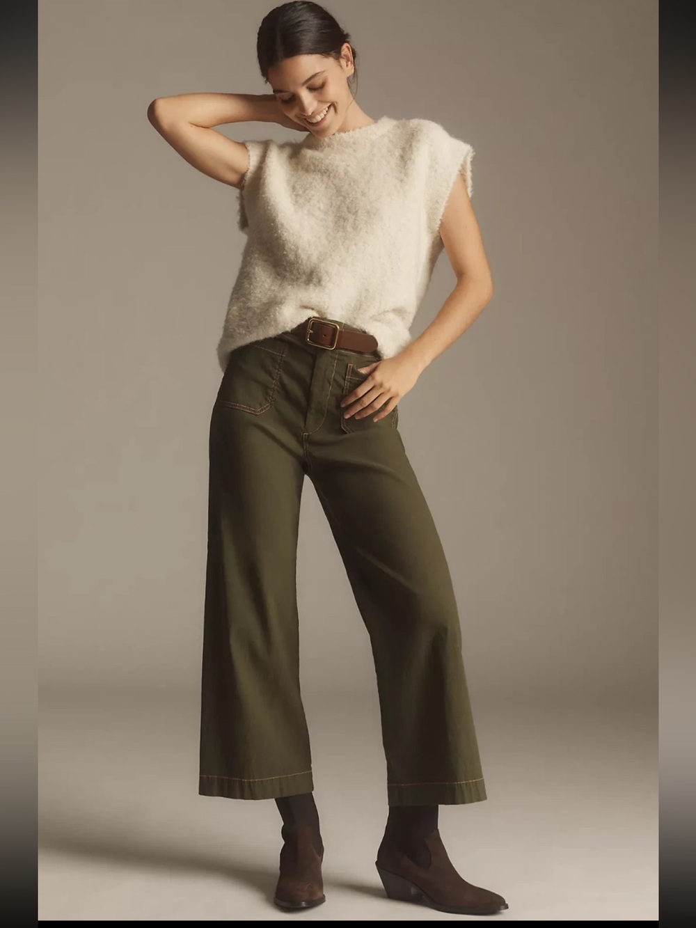 Maeve The Colette In Green With Pink Stitching Wide-Leg High-Rise Cropped Pants!